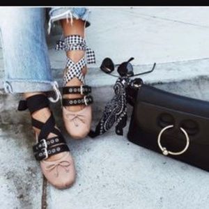 MIU MIU: Cameo/Nero Leather Ankle-wrap Ballerina